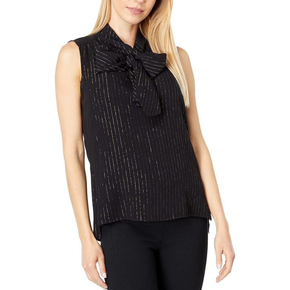 NWT Tommy Hilfiger Sleeveless Bow Blouse Black/Gold, Size MD